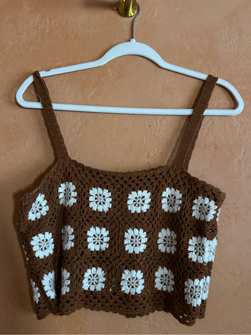 Lucca Crochet Granny Square Button Front Crop Tank Brown Cream M